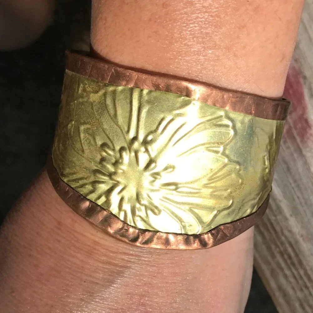 Rustic Brass Copper Cuff Bracelet Wide Floral Cowboy Gift Unisex Rustic Handmade